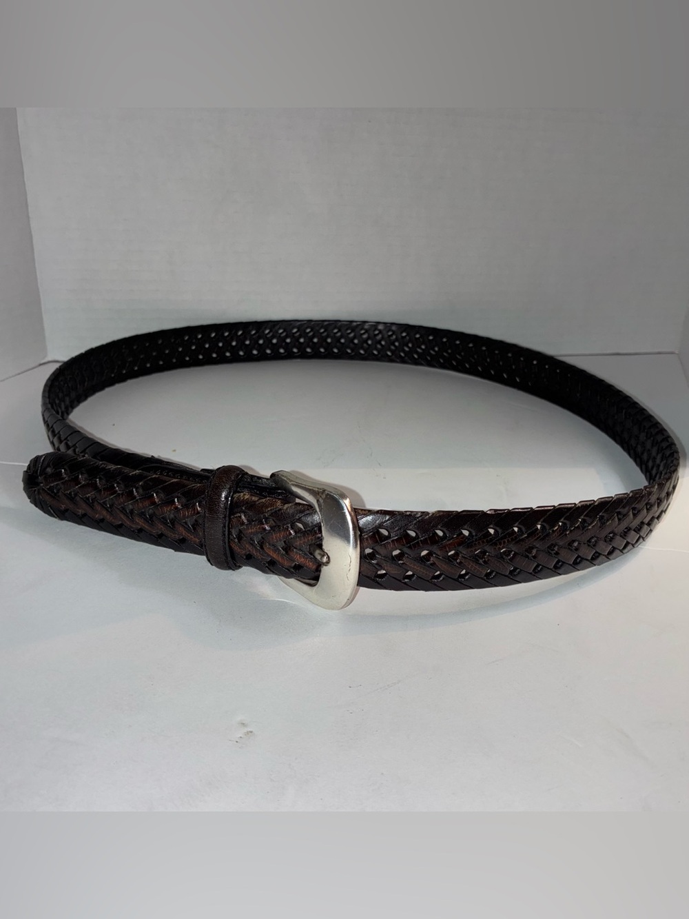 1997 Brighton Men's Braided Leather Belt - Dark Brown with Silver Buckle 38
